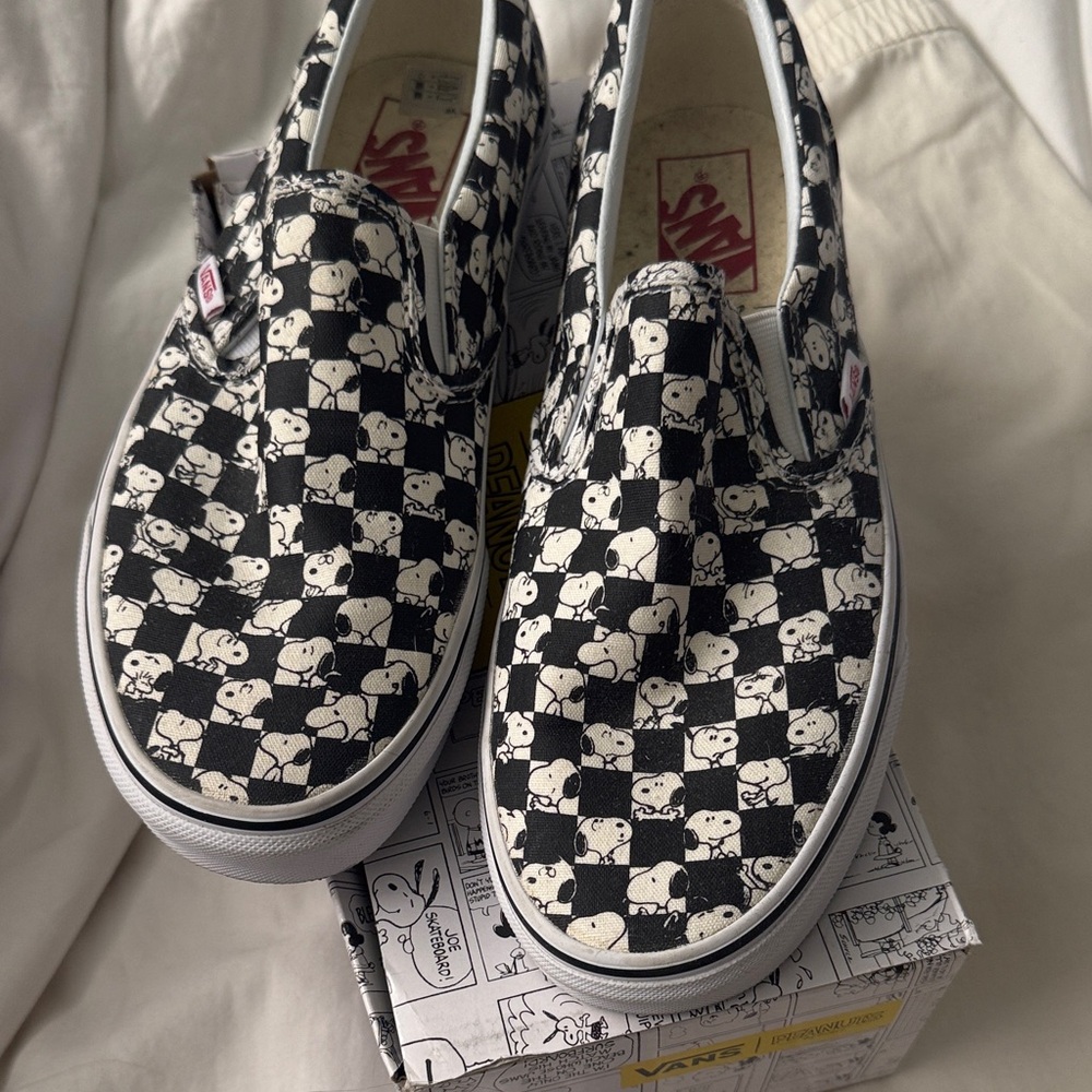 Vans Black and White snoopy Checkered Slip-Ons
